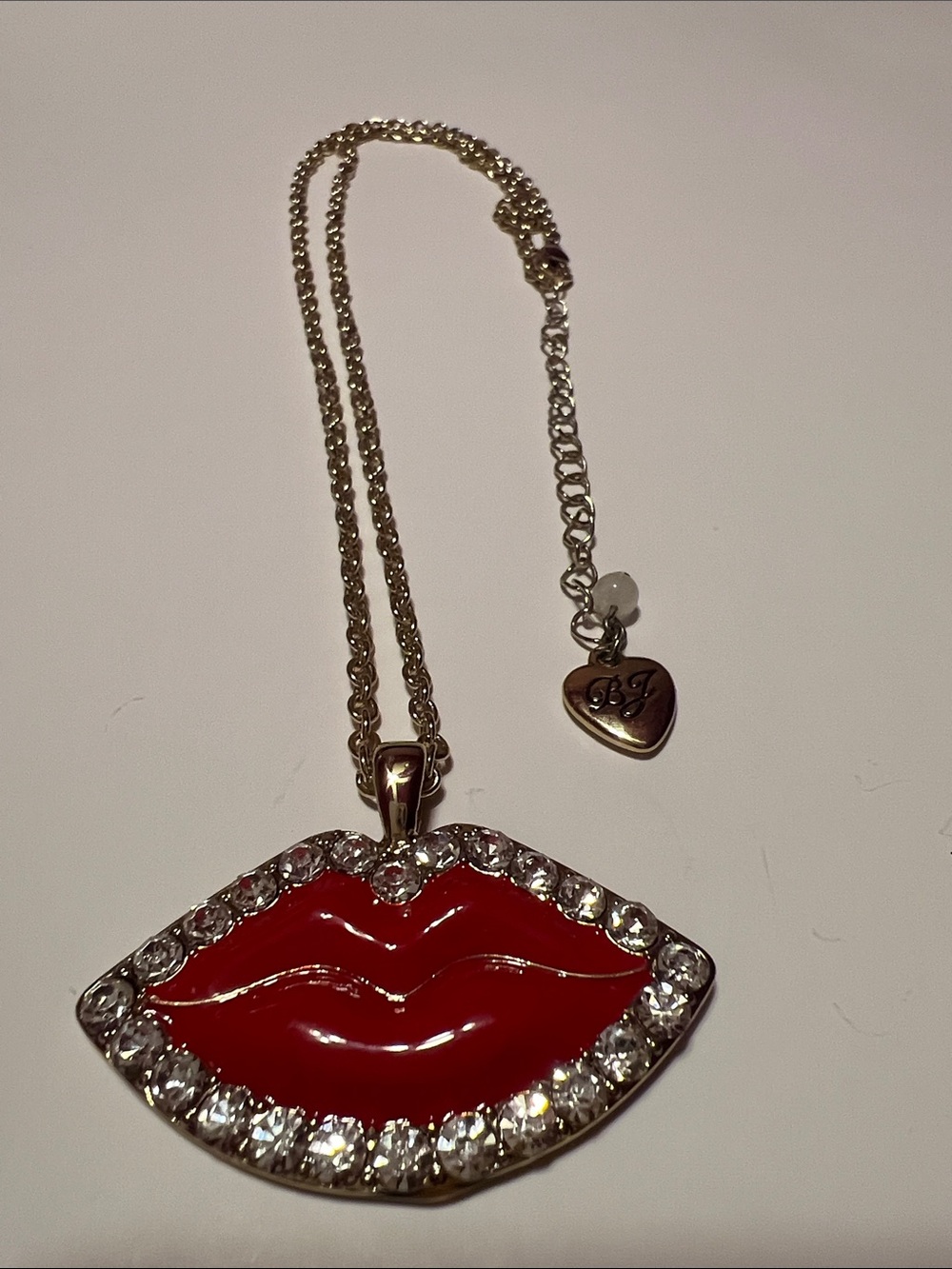 Betsey Johnson Gold-Tone Red Lip Pendant Necklace with Clear Crystals